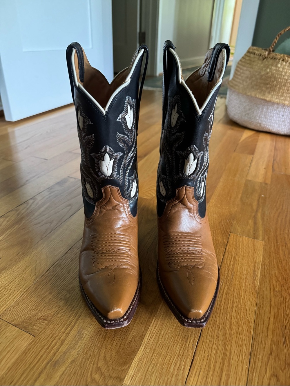 Tecovas Two-Tone Western Boots in Brown and Black with White Stitching
